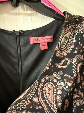 Betsey Johnson Black Dress with Coral and Mint Paisley Accents